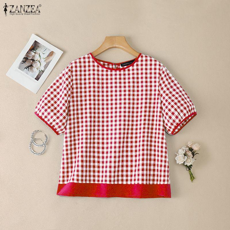 ZANZEA Women Grid Print Casual Round Neck Loose Short Sleeve Blouse