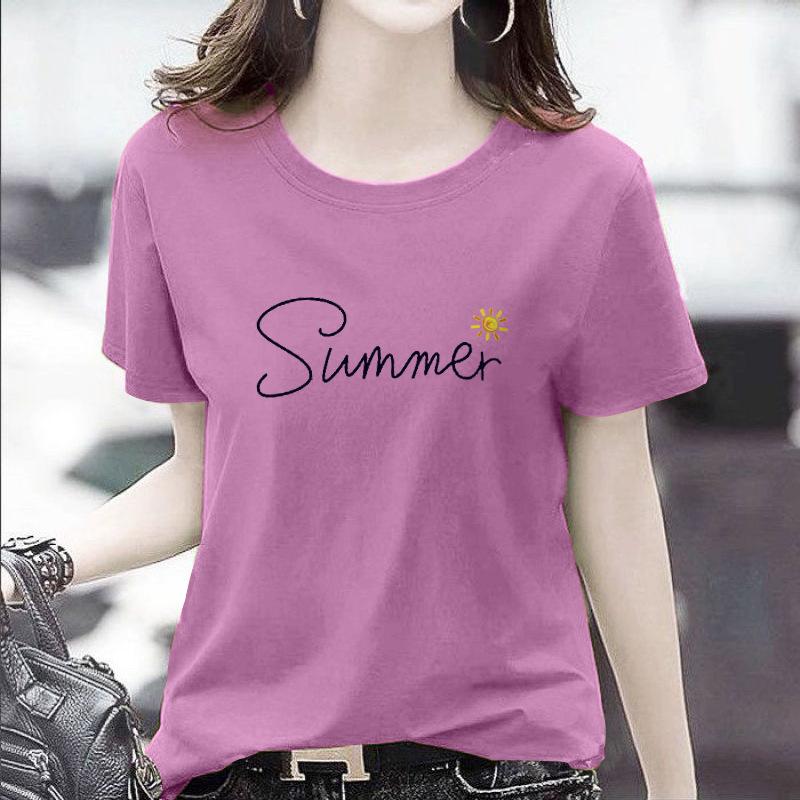 GMXIA Women's Fashion Casual Summer Spring Solid Color Print Short Sleeve O-Neck T-shirts and Loose Tops