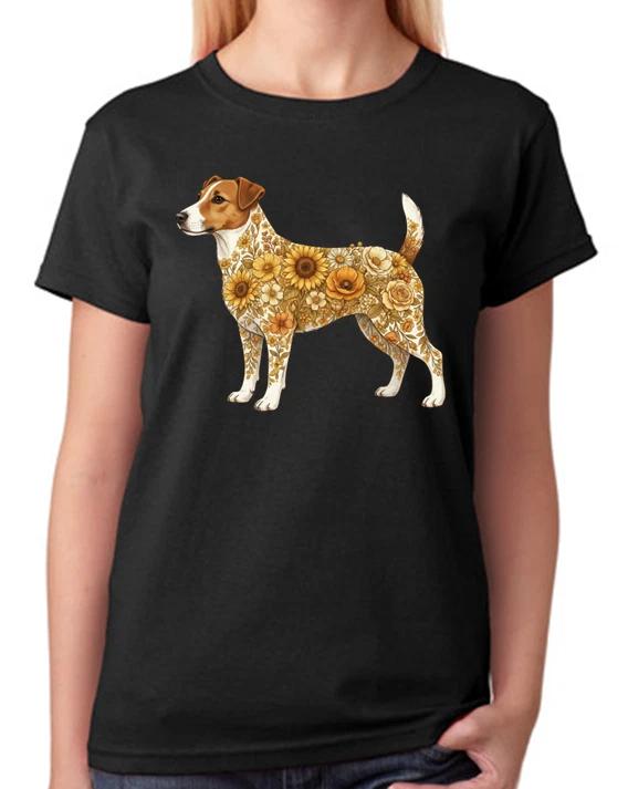 Floral Jack Russell Terrier Artwork Ladies T-Shirt Cute Dog Art Tee XXXXL