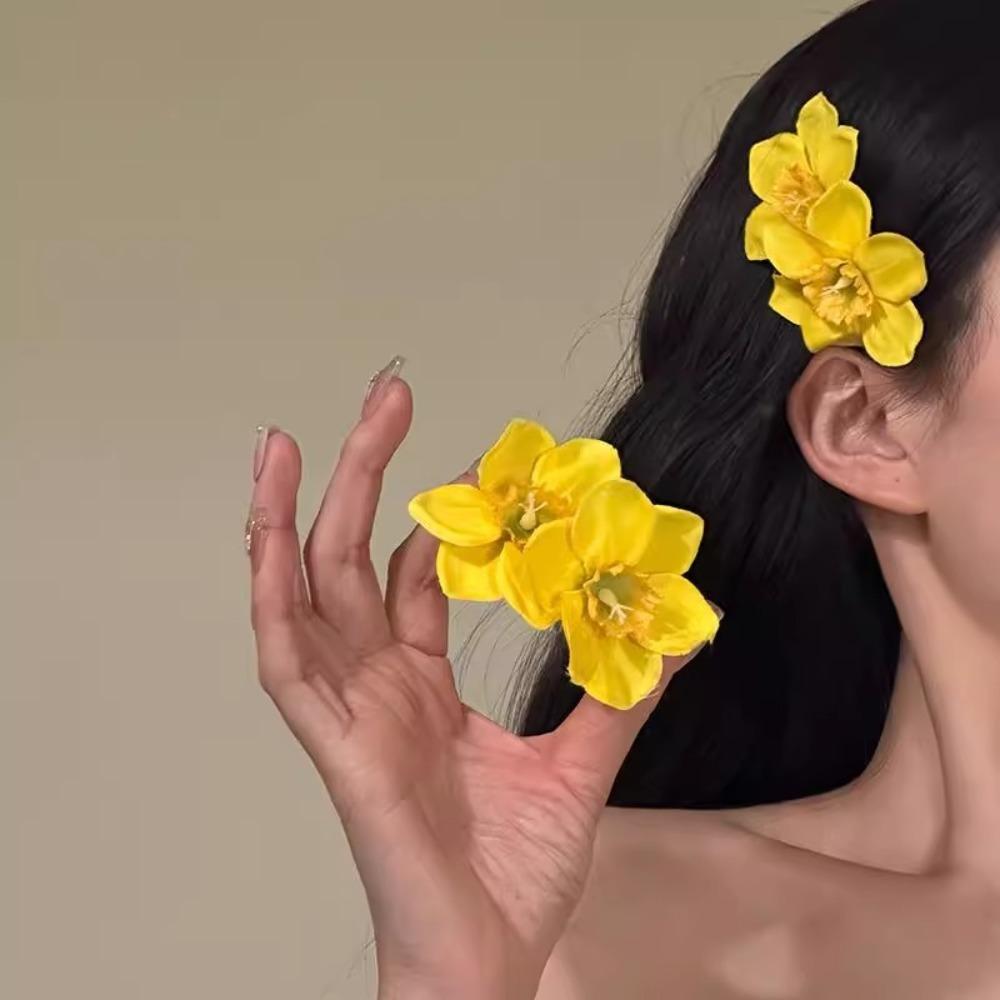 

1Pc Double Flowers Hair Clips Yellow Pink White Simulation Flower Flower Hairpin Hair Decor For Women Girl Beach Wedding