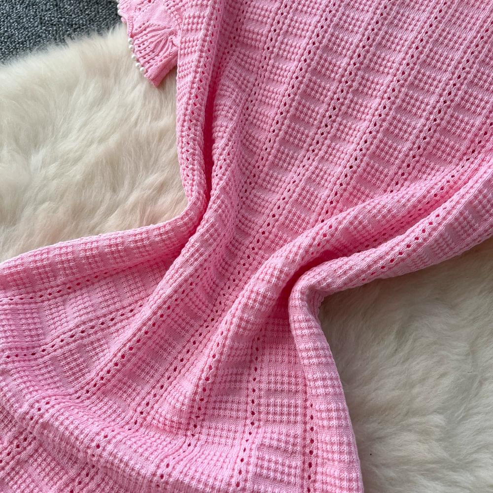 Spring Summer Women Casual Short Sleeve Beading Hollow Out Knitted Sweater Long Maxi Dresses