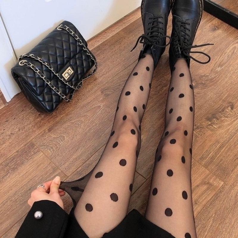 Japanese Black Polka Dot Jacquard Tights for Women