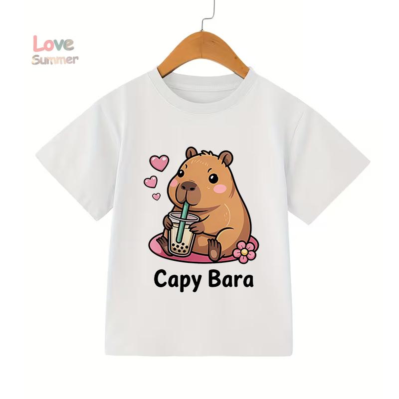 2026 Summer 4-14 Yrs Girls Casual Short-Sleeve T-Shirt Cute Capybara Design Comfortable Fabric for Everyday Outdoor Activities