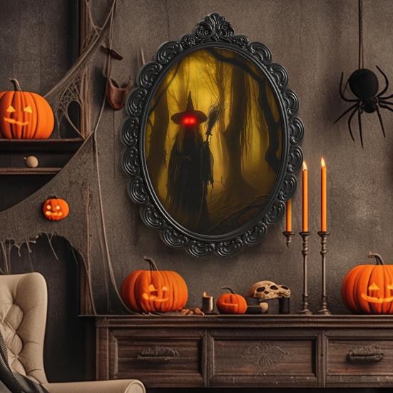 Halloween Holographic Witch Mirror Spooky Wall Mirror with Creepy Red Eyes for Haunted House Bedroom Indoor Decoration
