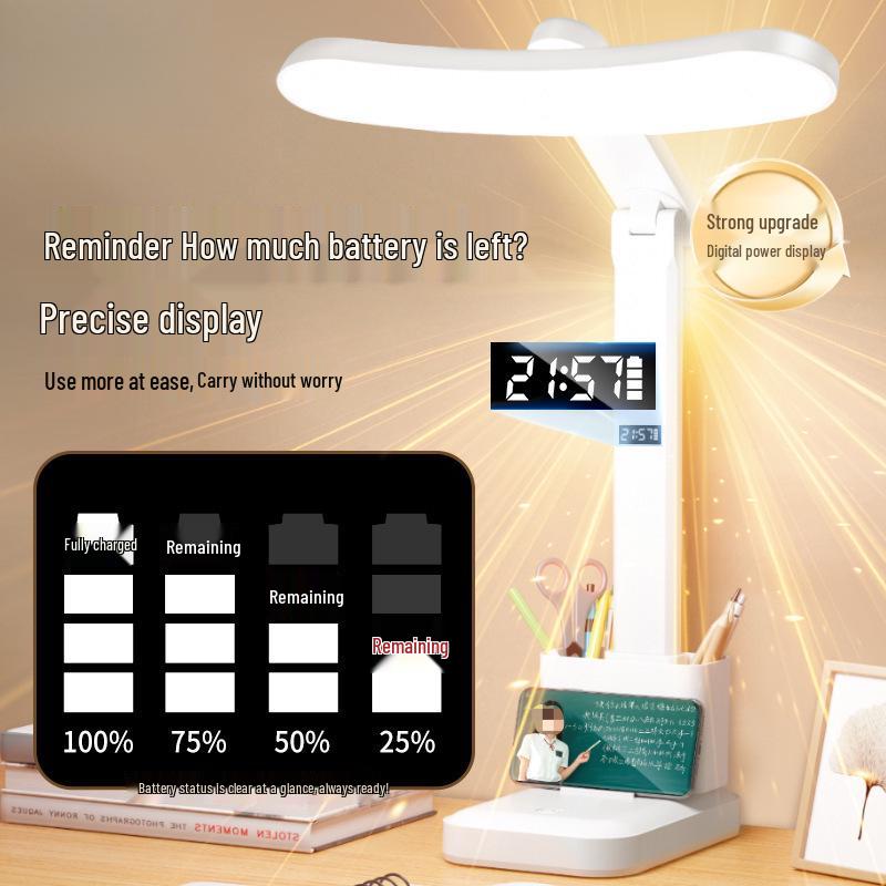 Rechargeable LED Study Lamp with Clock & Pen Holder - Eye Protection for Dorm or Bedside