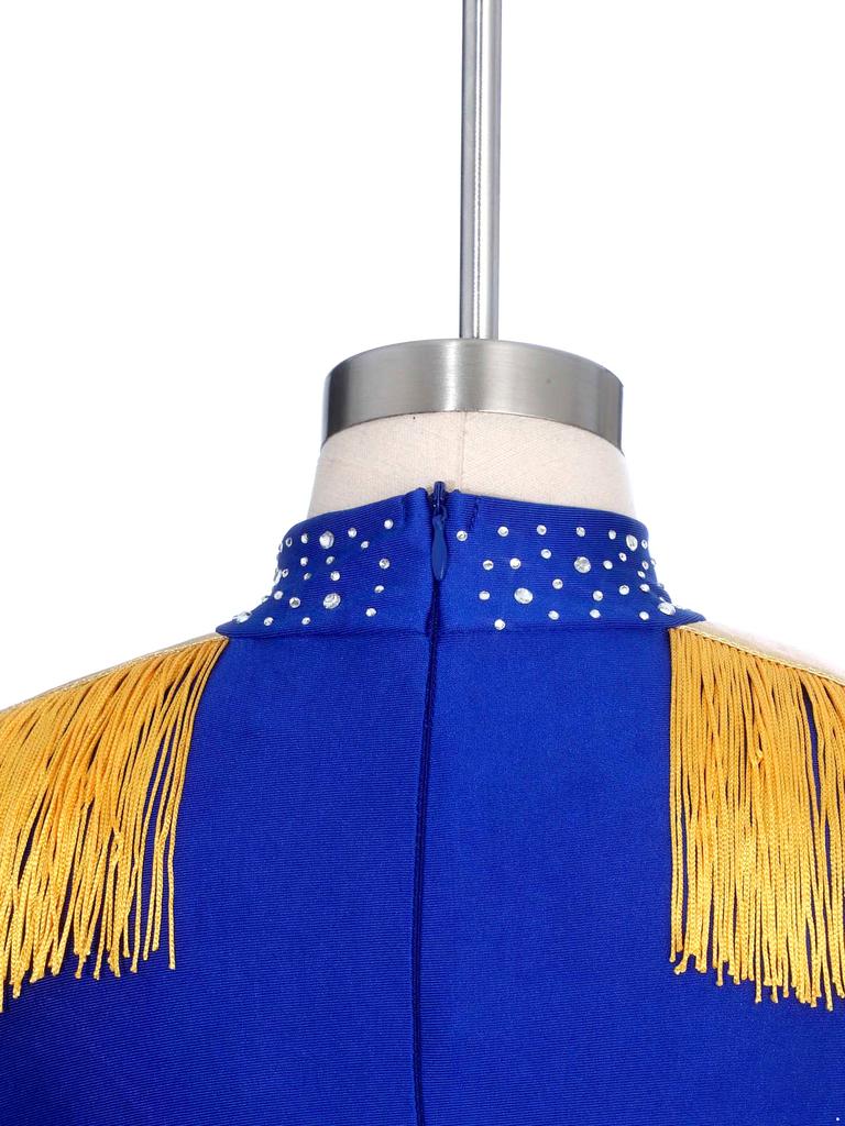 Children‘s Circus Themed Leotard Sparkly Rhinestones Long Sleeve Tassel Shoulder Pads Contrast Color Bodysuit for Stage Performance