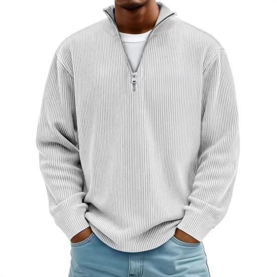 Men Quarter Zip Sweatshirt Long Solid Color Ribbed Sleeve Stand Collar Top Casual Loose Pullover Shirt