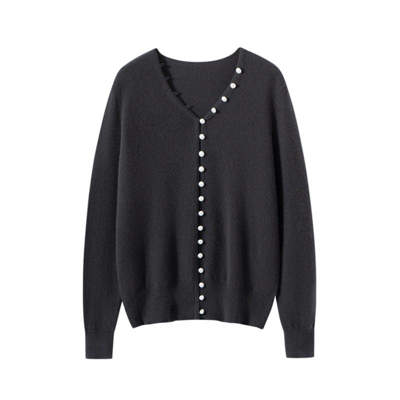 Women's 100% Cashmere Pearl-Embellished V-Neck Cardigan Sweater