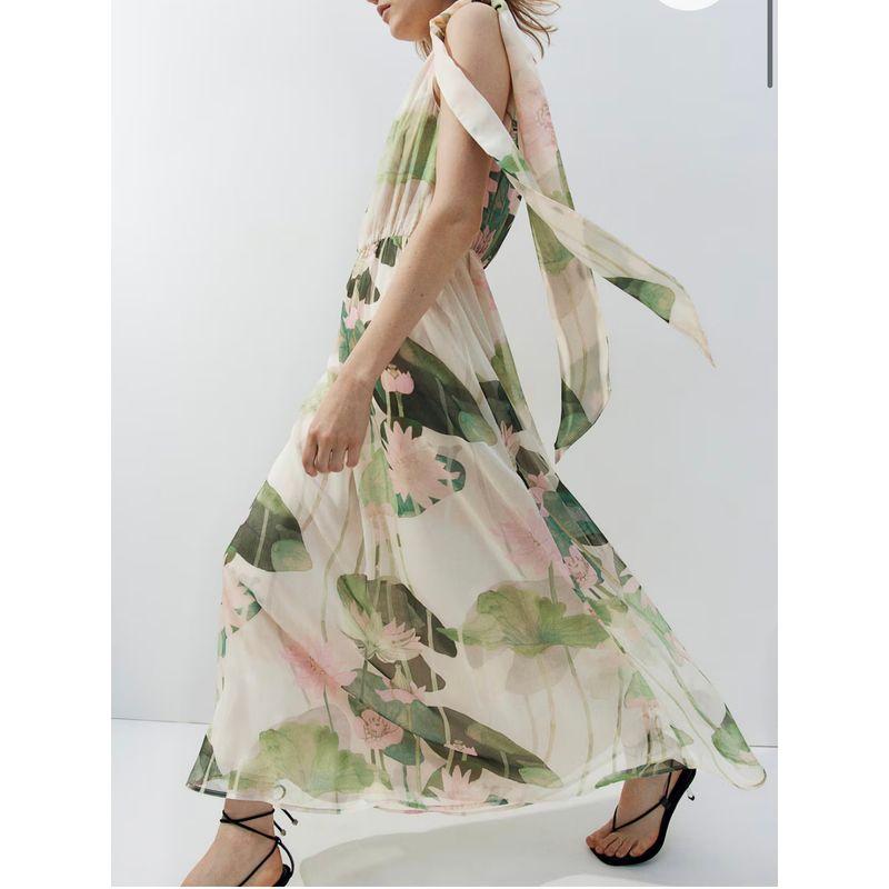 Foreign Trade Order H Home Shoulder Strap Bow Design Refreshing Summer Elegant Big Hemline Holiday Style Dress Long Dress