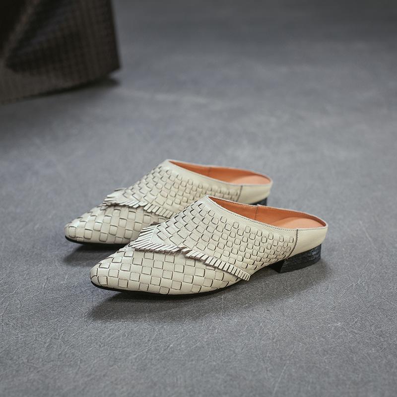 

Johnature Low Heel Outdoor Slippers Fashion Pointed Toe Woven Genuine Leather Women s Slip-on Shoes 40