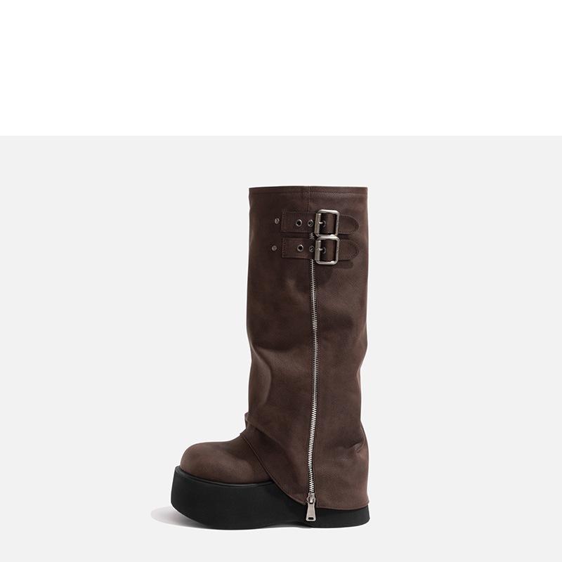 Boots Women's Thick Soles Increase 2025 New Retro Metal Buckle Long Boots Small Trousers Muffin Knight Boots