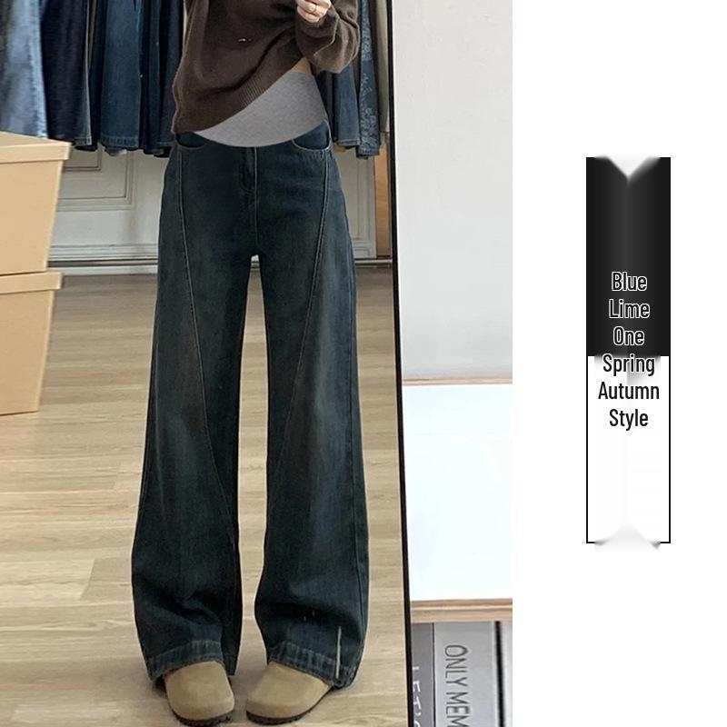 Blue High-Waisted Maternity Wide-Leg Velvet Pants for Autumn/Winter – Fashionable and Slimming M