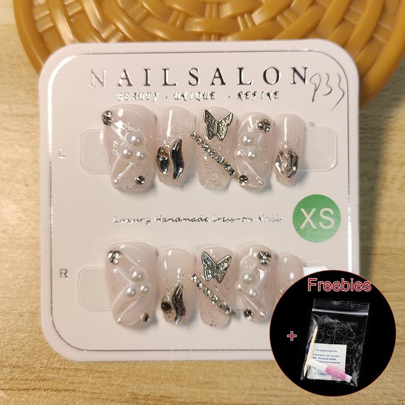 

100% РУЧНАЯ РАБОТА Набор накладных ногтей в форме гроба с клеем Мигающая звездная 3D лента с бабочками телесного цвета Жемчужная цепочка Принцесса Нежные ногти многоразовые L