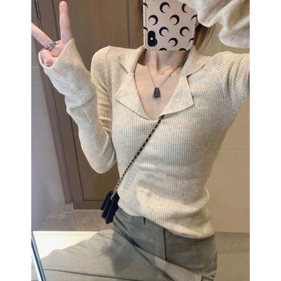 Polo Collar Slim-fit Threaded Knitted Sweater Women's Autumn Pure Desire Wind Collar Slim Long-sleeved Top Bottoming Shirt
