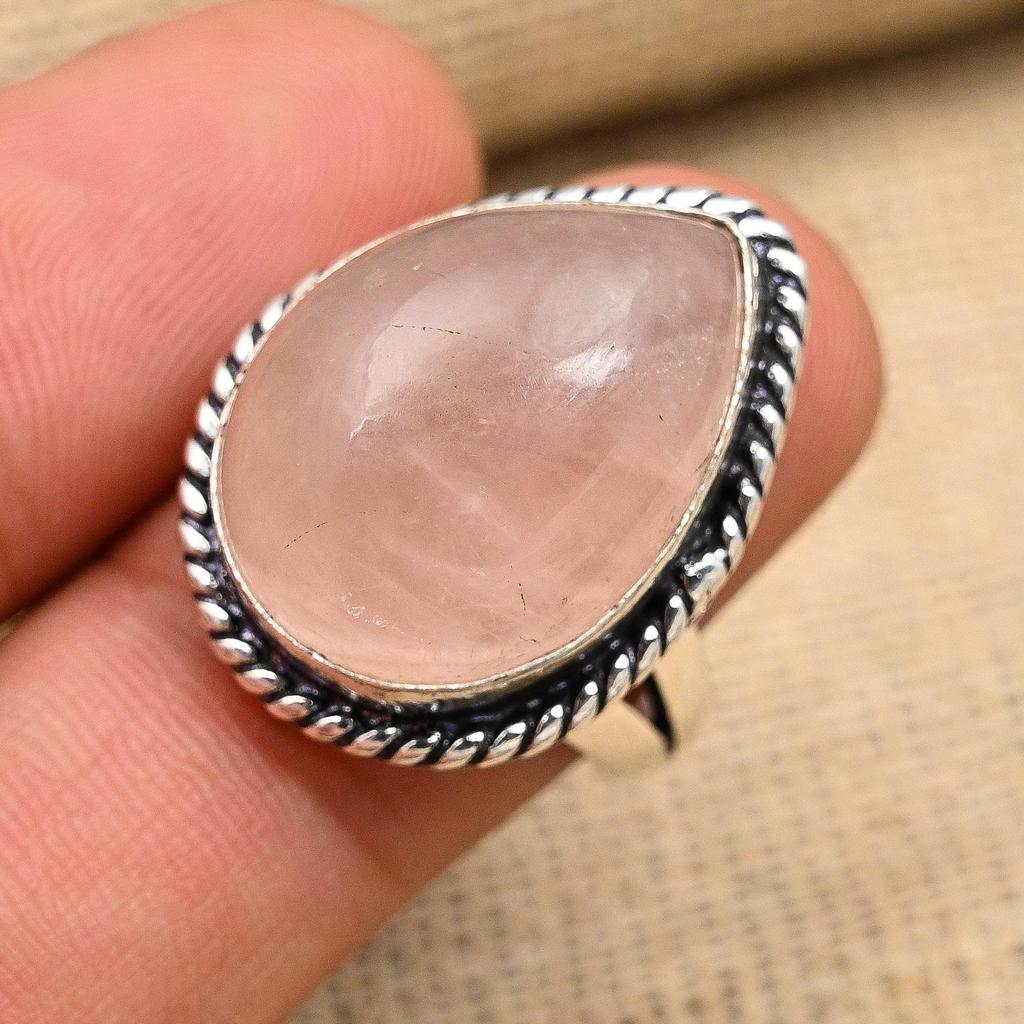Aufwändiger Rosenquarz-Edelstein, handgefertigter Ringschmuck aus massivem 925er Sterlingsilber