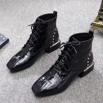 Fashion 2024 Fashion Square Toe Mid Heel Solid Women's Boots Square Heel Ankle Modern Boots Spring/autumn Lace-up Shoes Female Botas
