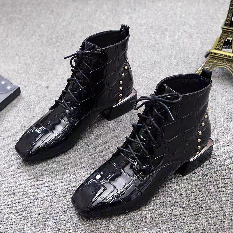 2024 Fashion Square Toe Mid Heel Solid Women's Boots Square Heel Ankle Modern Boots Spring/autumn Lace-up Shoes Female Botas