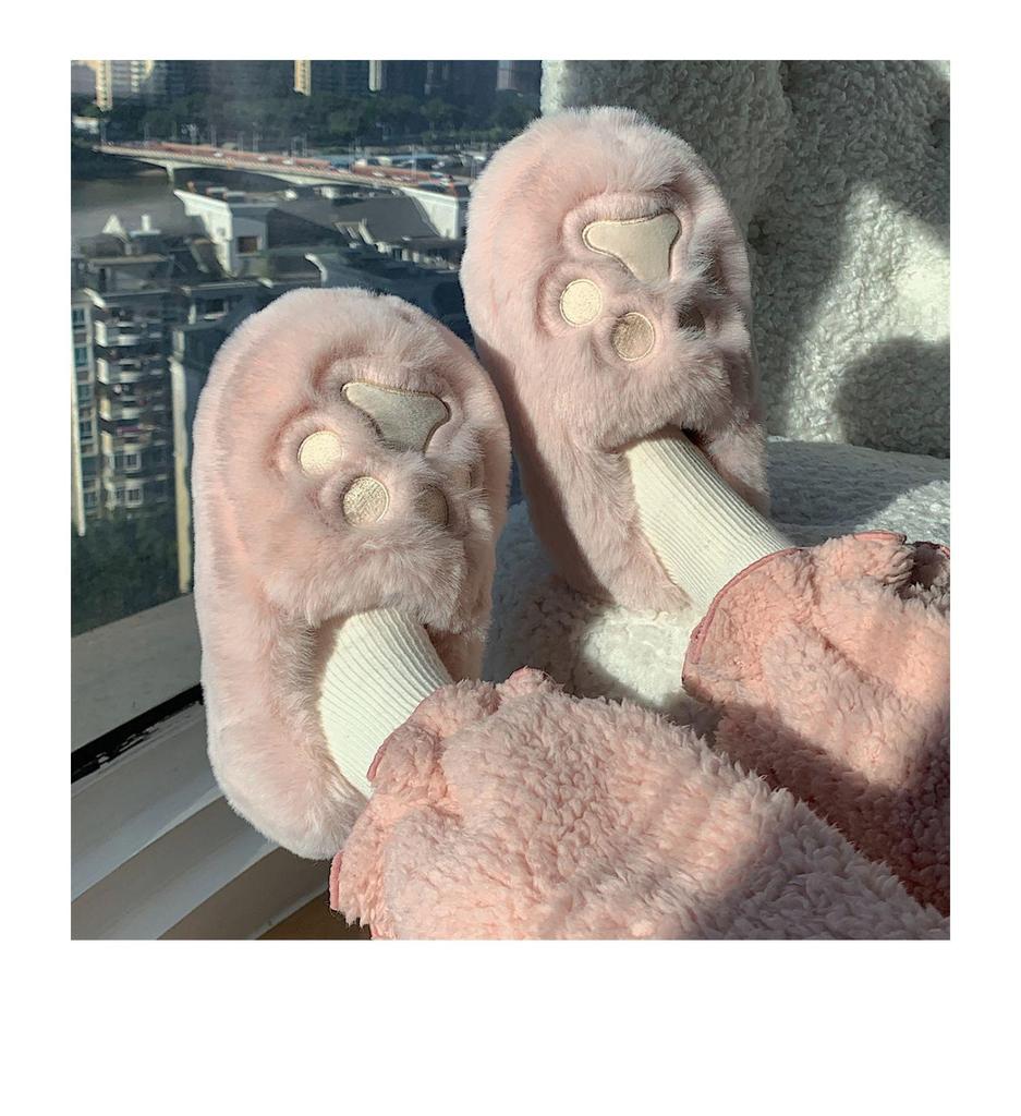 Women's Cute Korean Style Heart Plush Winter Slippers with Cat Paw Design and Soft Full Heel