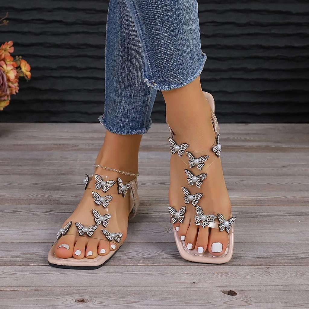 2025 Butterfly Rhinestone Flat Square Toe Fish Mouth Women's Beach Slide Sandals Elastic Strap Plus Size Flat Sandals