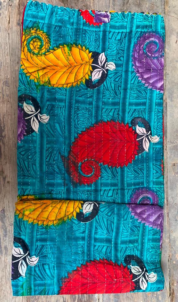 Vintage Kantha Quilt: Handmade Indian Patchwork Throw Blanket, Colorful Blue Ethnic Throw
