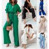 Women's Fashion Loose Elastic Wrinkled Long Sleeve Shirt Wide Leg Pants Casual Set 2-piece Set