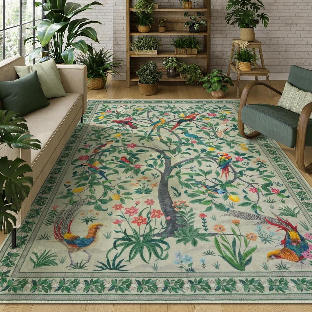 Green Living Room Carpet Bedroom Bedside Floor Mat Large Area Machine Washable Carpets Forest Bird Spring Home Decoration Rug