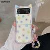 Custodia con Braccialetto a Catena per Polso Gatto con Orecchie da Fiore Cartone Animato per Samsung Galaxy Z Flip 6 5 4 3 Flip5 flip6 Pittura ad Olio Perline Braccialetto Copertura Colorata
