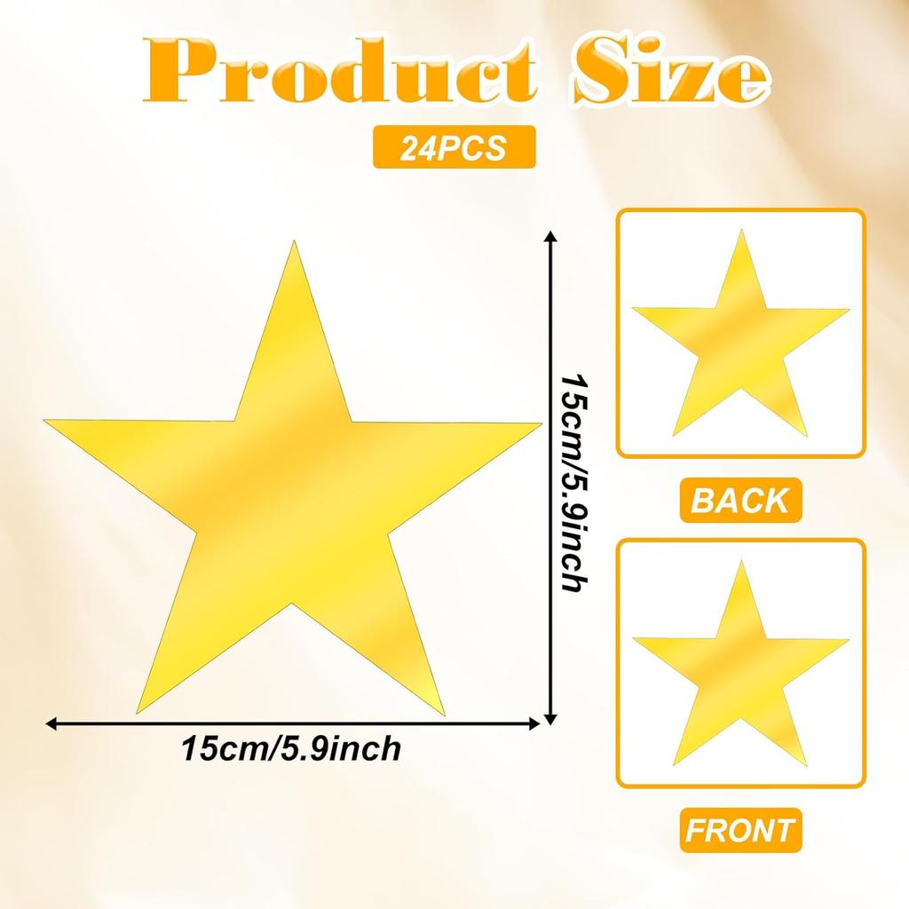 24 Pcs Gold Paper Stars Decoration, 5.9 Inch Golden Star Decor Double Sided Star Cutouts Glitter Printed Stars for Bulletin Poster Boards Wall Board