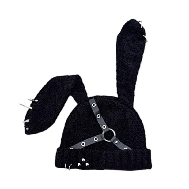

Punk Rivet Belt Knitted Hat with Rabbit Ears Soft Breathable Anime Skull Hat Women Headdress Outdoor Activity Headgear чорний