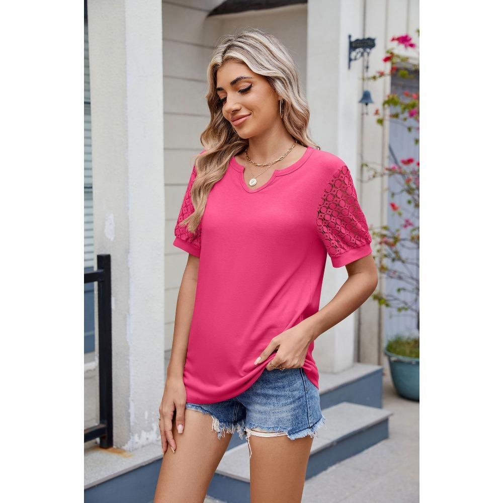 Vår och Sommar Ny Enfärgad V-ringad Spets Patchwork Kortärmad Lös T-shirt Topp