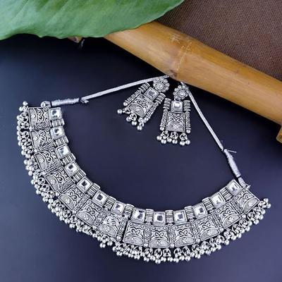 Ethnic Silver Oxidized Traditional Afghani Choker Necklace Jewellery Set for Women