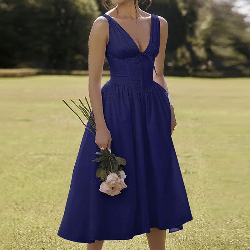 Women's clothing, new spring models in Europe and America, elegant temperament printed V-neck suspender long dress dress