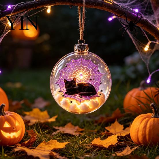 Dormitory Festive Accessory Halloween Glowing Sphere, Lighted Clear Ball Ornament, Cute Witch Seasonal Home Decoration Cat, LED Hanging for