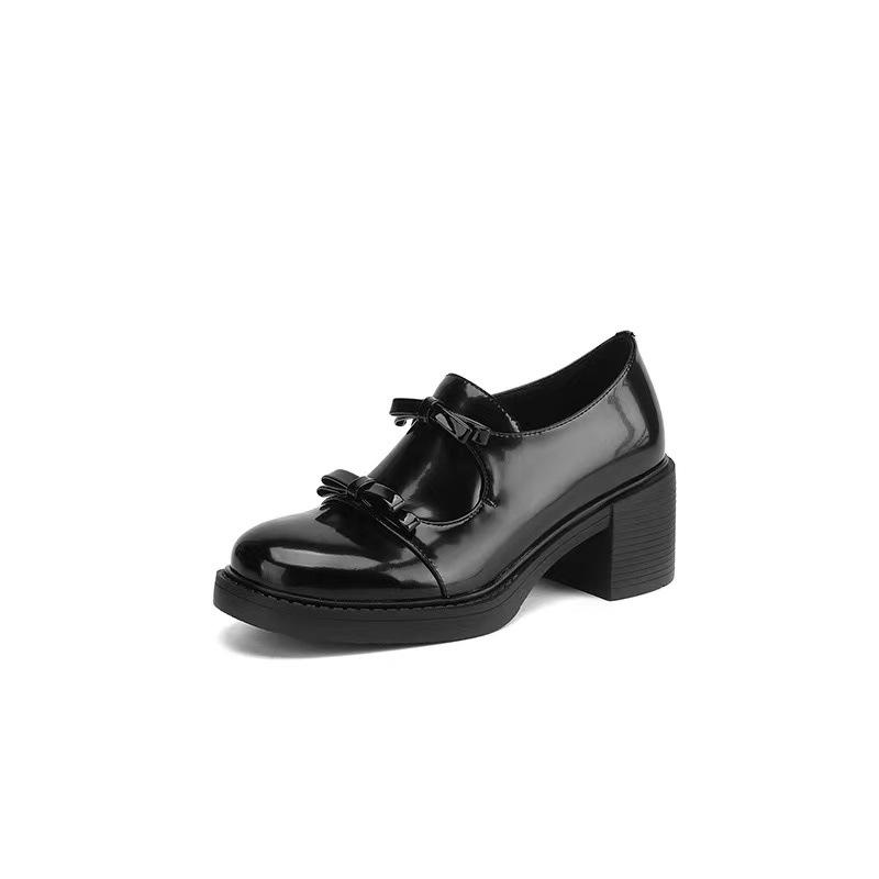 

Версия из овчины~ лакированные туфли на высоком каблуке женские элегантные с бантом на толстом каблуке одинарные туфли британские черные маленькие кожаные туфли 34