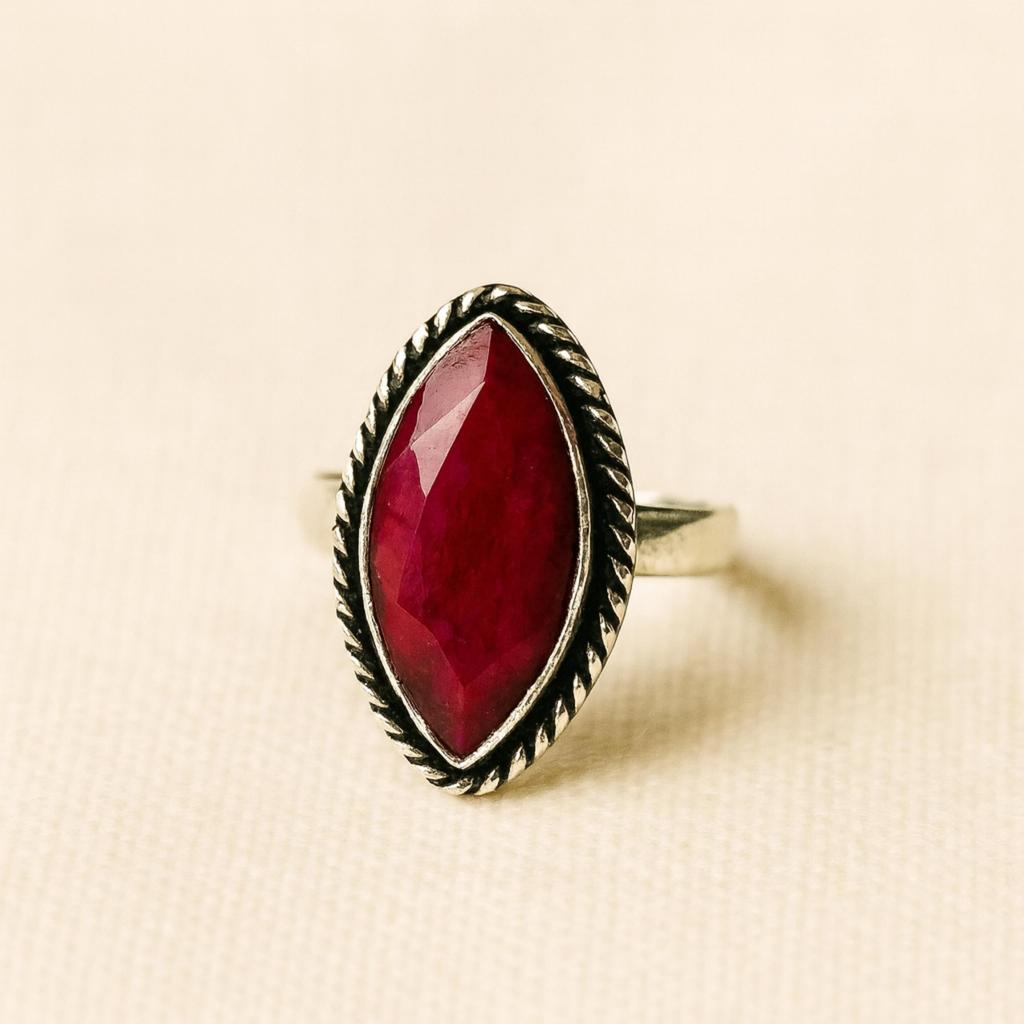 Marquise Cut Ruby Gemstone Statement Ring, 925 Sterling Silver, Handmade Bohemian Stacking Ring