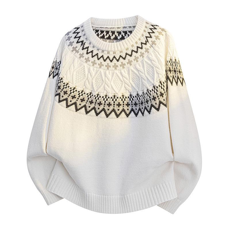 Long Sleeves Sweaters Unisex Sweater Section of The Autumn Winter Retro Floral Pattern Loose Round Neck Design Sense of The Bottoming Knitwear Tops