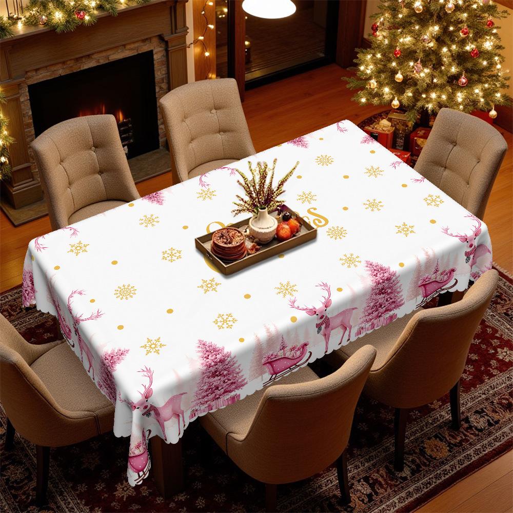 Christmas Atmosphere Tablecloth Santa Elk Snowman Print Pink Round Table Cloth Rectangular Coffee Table Cloth