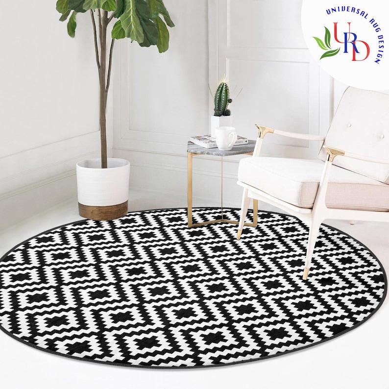 Eleganza Monocromatica Tappeto Nero e Bianco Geometrico Cerchio Tappeto Antiscivolo Rotondo Tappetino per Casa Multiuso Tappetino da Pavimento