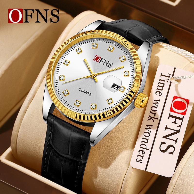 Oufanni Unisex Luminous Quartz Watch with Sunburst Dial and Waterproof Leather-Steel Band.
