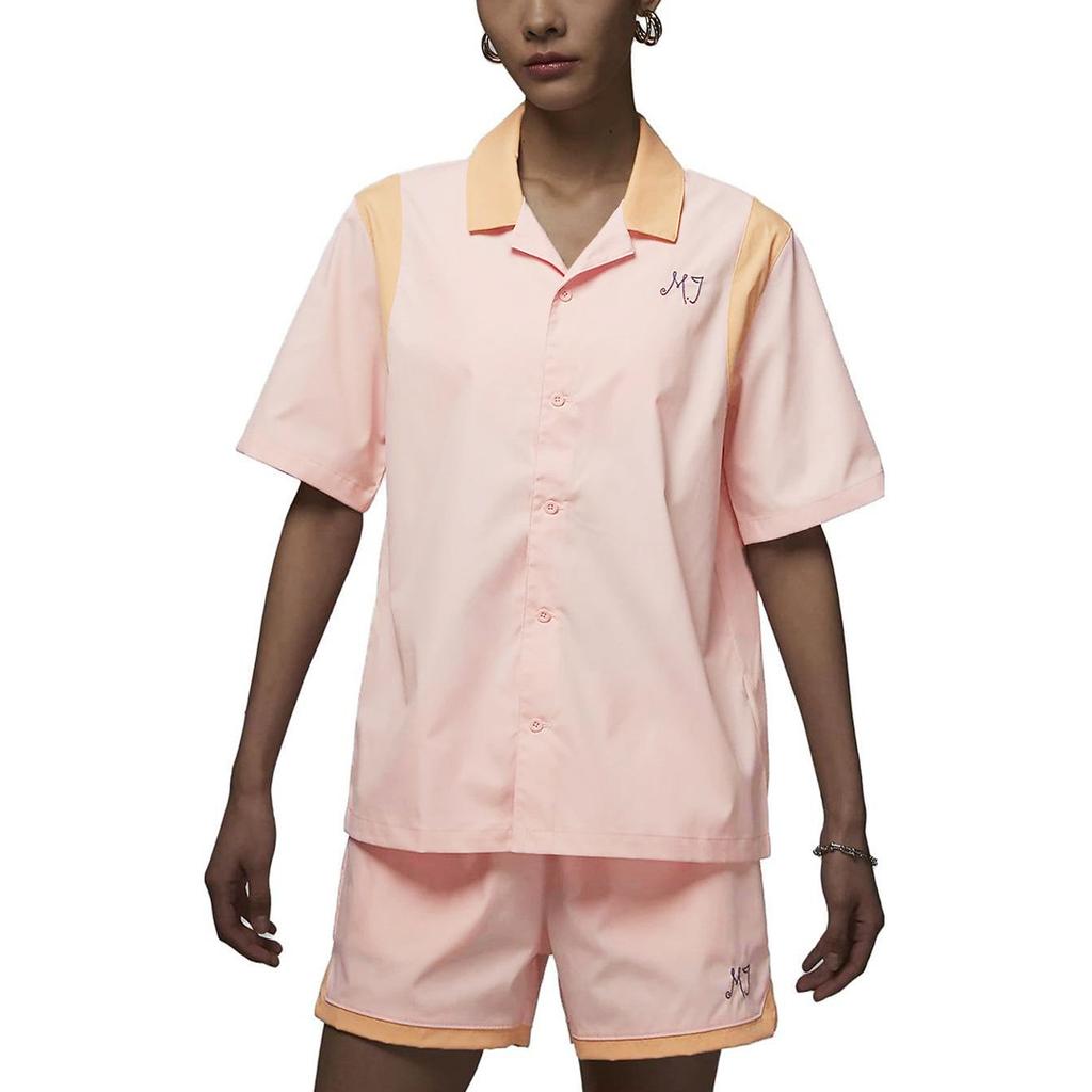 Jordan Letter Print Cuban Collar Short Sleeve Shirt Women Shirts Light-Pink DZ3341-610