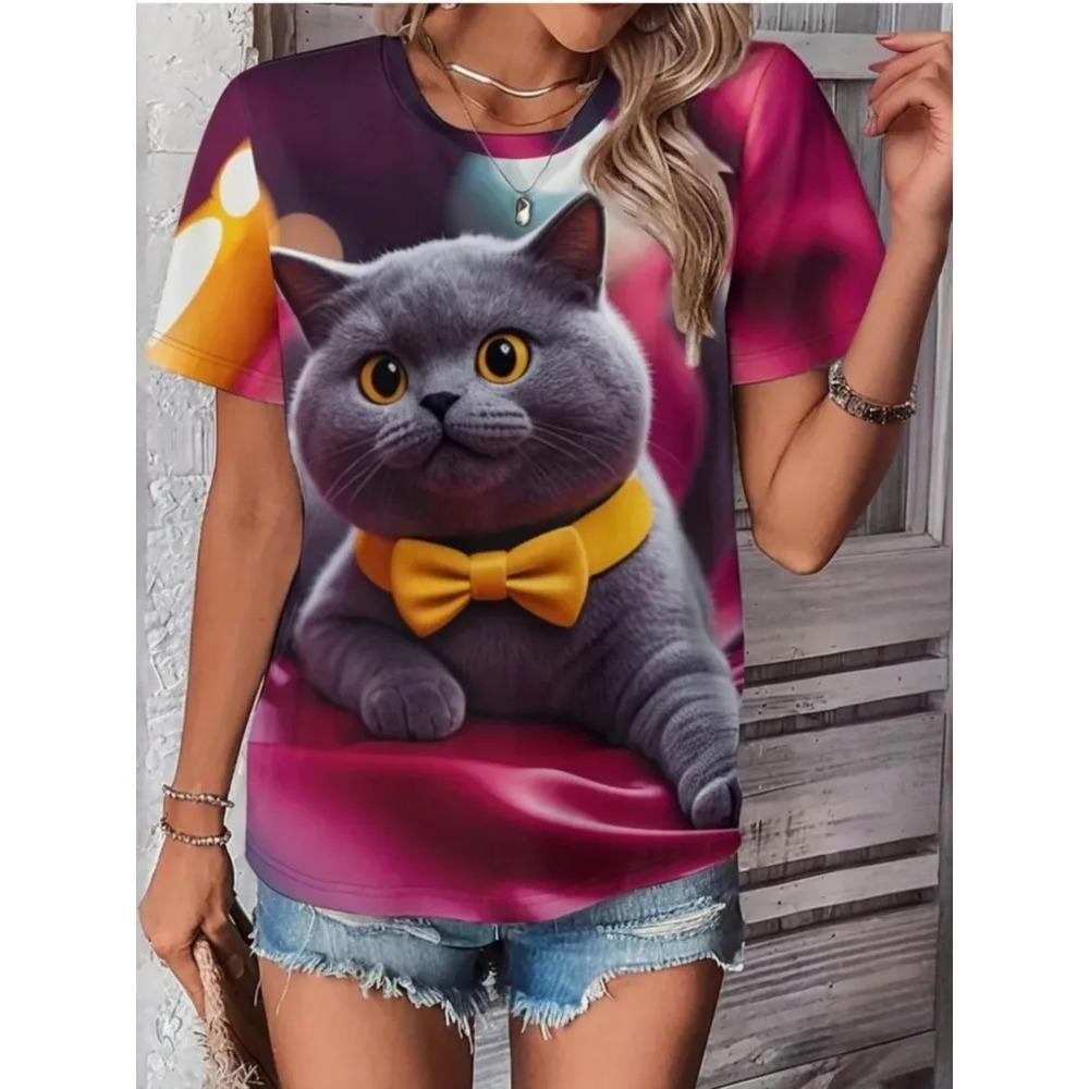 Summer Round Neck Cat Pattern 3D Print Top Fashionable Casual Short Sleeved Women's T-shirts