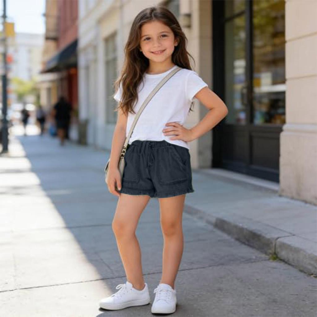 Girls Elastic Waist Casual High Waist Drawstring Shorts with Frayed Hem and Front Pockets Lightweight Soft Fabric Summer Bottoms