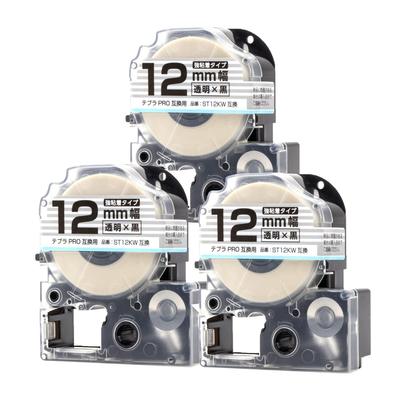 Compatible with King Jim Tepra PRO ST12KW Strong [Ink Chips] Tape, Adhesive, Transparent/Black Text, 12mm, 3-Pack