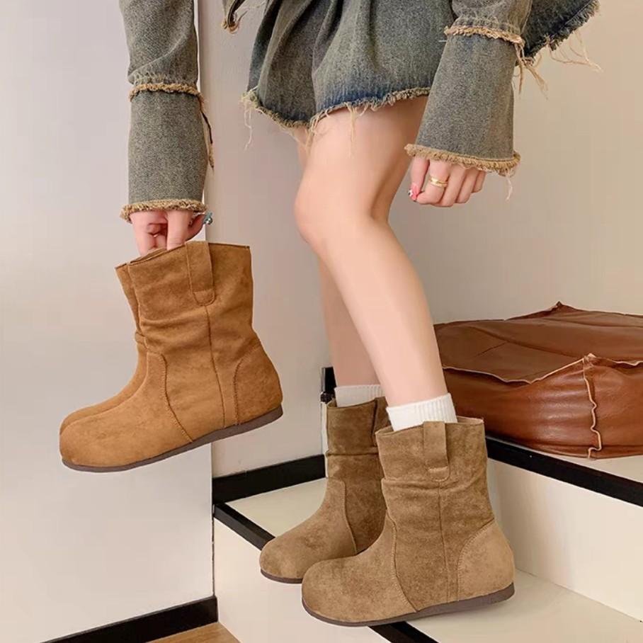 Sheepskin Version~ British Style Wrinkle Feeling Square Head Inner Height Increase Wide Tube Mid-tube Boots Women's 2025 New Knight Boots