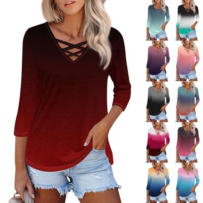 Damenmode Lockerer Überkreuz-V-Ausschnitt Siebenärmel T-Shirt Farbverlauf Lässiges Oberteil