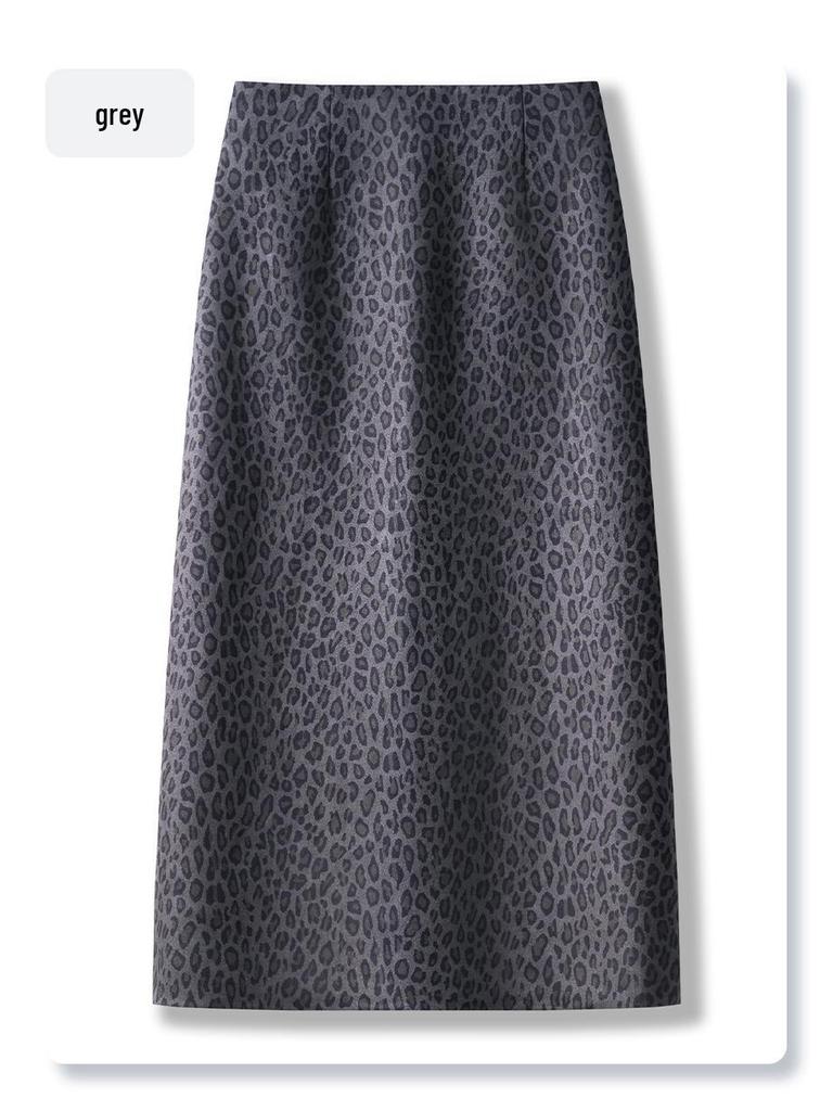 2024 Women's Gray Leopard Woolen Midi Skirt - Autumn/Winter Style, Straight Bodycon with Slit