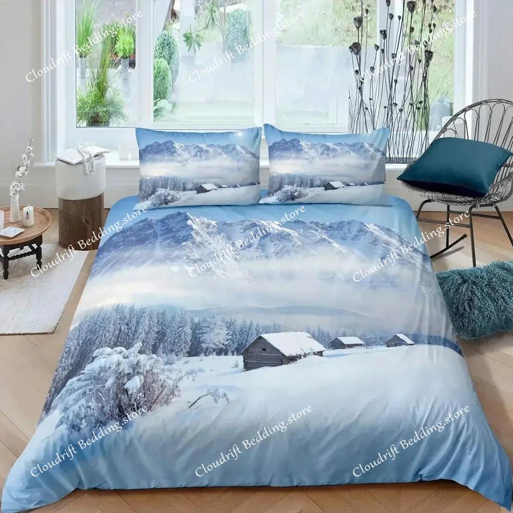 Snow Mountain Duvet Cover Set 3D Sea Waves Bedding Set Landscape King Size Comforter Cover Nature Scenery Polyester Quilt Cover