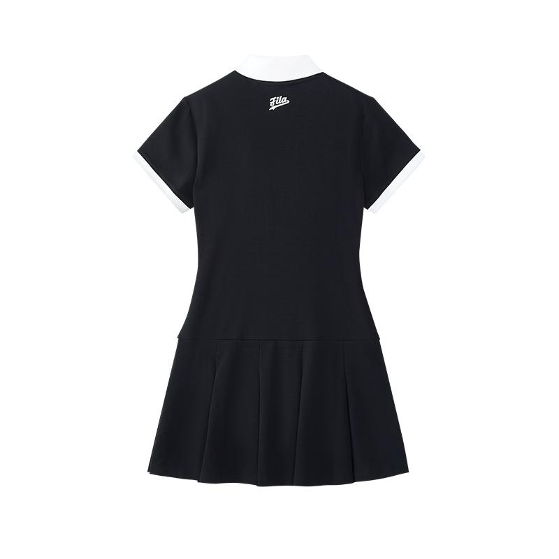 Fila Fusion Culture Minimalist Fashion Color Block Polo Short Sleeve Dress Women Dresses Black T11W432308FBK