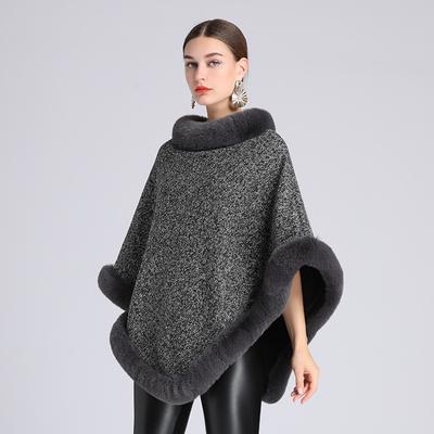 Vintage Strick-Poncho mit Kunstpelzbesatz, einfarbig, ärmellos, Mantel für Damen, Winter, verdicktes Futter, Pullover, Wickelmantel, warmer Schal für Damen