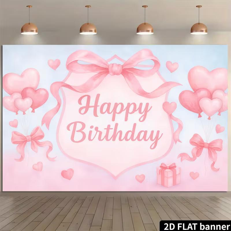 2D Flat Soft Pink Birthday Banner Pastel Bow & Heart Themed Backdrop for Baby Shower & Birthday